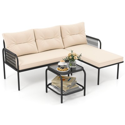 Tangkula 3-Piece L Shaped Patio Furniture Set w/Tempered Glass Table Back & Seat Cushions