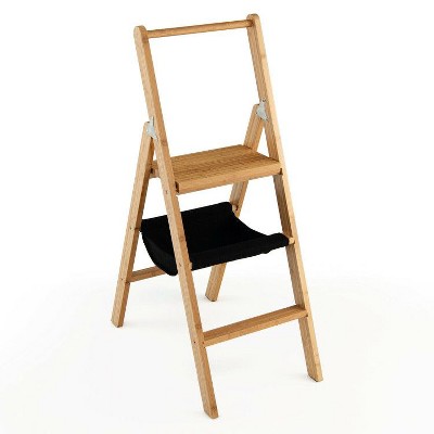 Cesicia Brown Bamboo 3-Step Foldable Ladder with Tool Storage Bag