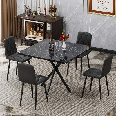 NicBex Dining Table Set for 4 Kitchen Table Square Dining Table Set  Mid Century Modern Faux Marble Tabletop Iron Legs