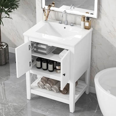 TIRAMISUBEST 24" White Modern Sleek Bathroom Vanity Elegant Ceramic Sink with Solid Wood Frame Open Style Shelf