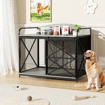 Lyngins Large Dog Crate Furniture, Sliding Barn Door with Lock, Farmhouse Wooden Dog Kennel Indoor End Table, Decorative Pet House for Large Dogs