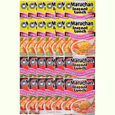 Maruchan Ramen Instant Cup Noodles 24 Count - 12 Hot & Spicy Shrimp Flavor & 12 Lime Chili Shrimp Flavor , 2 Flavors