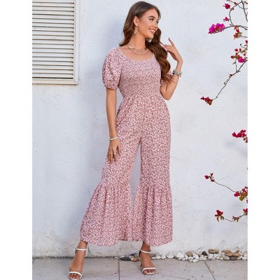 Coolmee Women's Casual Loose Overalls Square Neck Ruffled Hem Jumpsuits One Piece Long Sleeve Floral Printed Wide Leg Rompers With Pockets 2XL Pink