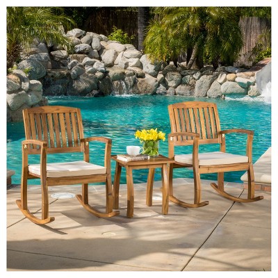 Selma 3pc Acacia Wood Rocking Chair w/ Cushion & Acacia Side Table - Teak - Christopher Knight Home: Weather-Resistant, Patio Chat Set