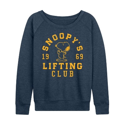 Women's - Peanuts - Snoopy Lifting Club Lightweight French Terry Wide Neck Long Sleeve Graphic Shirt