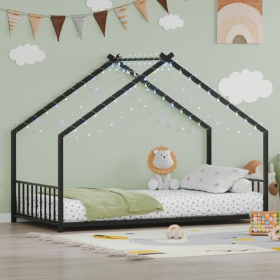 Sapphtopaz Metal House Bed Frame for Kids with Roof & LED Floor Platform Bed with Sturdy Frame for Kids Bedroom,Playroom,Nursery