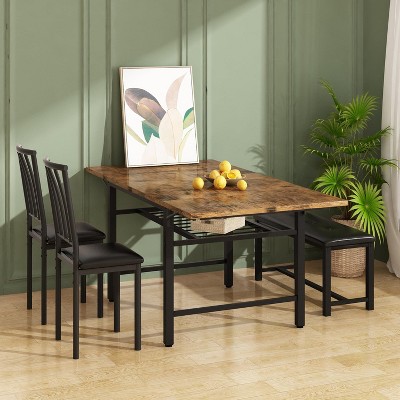 Hooseng 4-Piece Dining Room Table and Chairs Set for 3-6, Extendable Kitchen Table Set with 1 Bench and 2 Backrest Chairs for Apartment, Small Space