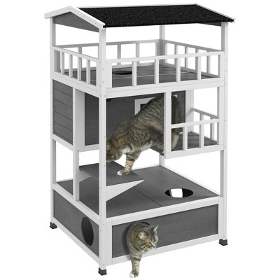 PawHut Wooden Outdoor Cat House, Feral Cat Shelter Kitten Tree with Asphalt Roof, Escape Doors, Condo, Jumping Platform