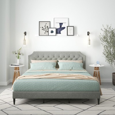 Glenwillow Home Curta Upholstered Platform Bed, Clipped Nailhead Trim with Button Tufting, Mattress Foundation, No Box Spring Needed, Stone, King