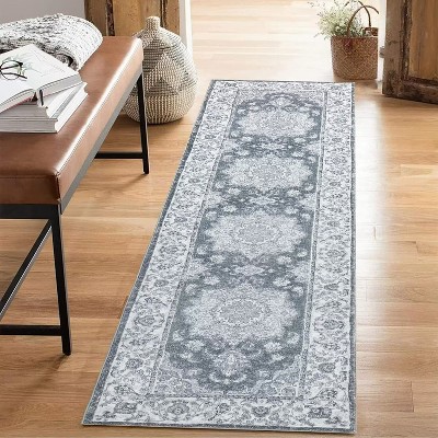 Washable Vintage Rug Non Slip Low Pile Rug Soft Throw Floor Cover Floral Foldable Indoor Carpet for Living Room Bedroom Playroom Nursery