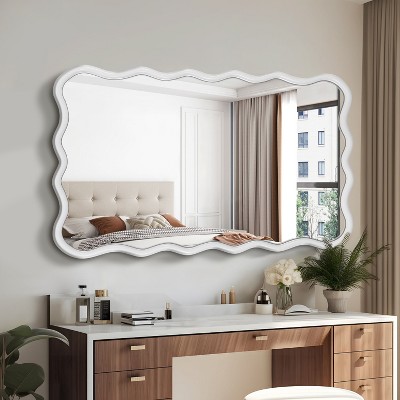 Wood Wavy Rectangle Mirror-Natural-Wood 40inx 28inModern Mirror Wall Decor for Bathroom, Bedroom,Dining Room,Cloakroom, Entryway