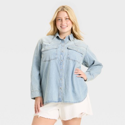Women's Long Sleeve Star Embroidered Western Shirt - Universal Thread™ Light Wash