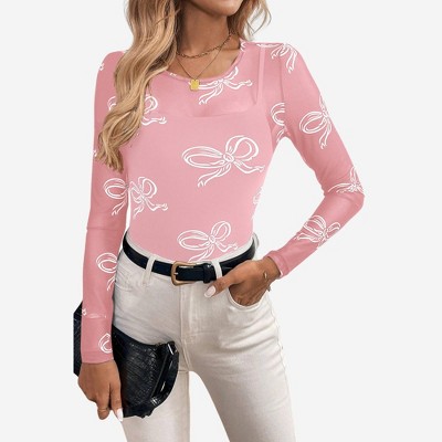 Amaryllis Women’s Sheer Mesh Long Sleeve Top with Allover Bow Print Lightweight Fitted Design Layering Piece