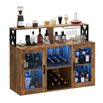 Bar Cabinet with Power Outlets, Liquor Cabinet with Led Lights and Glass Holder, Storage