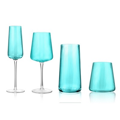 Artland Soho Optic 16 Piece Glassware Set, Durable Glasses for Every Occasion, Champagne, DOF, Goblet, Highball Glasses, Service for 4 - Turquoise