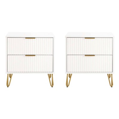 Manhattan Comfort Set of 2 Dumbo 2 Drawer Nightstands White: Modern Style, MDF Frame, Metal Glides, Storage Solution