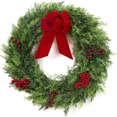 Christmas Wreaths for Front Door, 24 Inch Large Outdoor Christmas Wreath with Berries Velvet Bow
