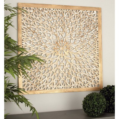 36" x 36" Wood Floral Handmade Carved Wall Decor Mandala Light Brown - Olivia & May: Traditional Art