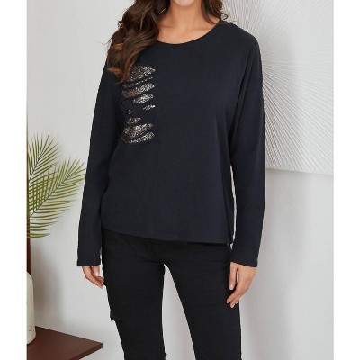 Women's CUT SEQUIN PATCH DETAIL LONG SLEEVE TOP - Venti6