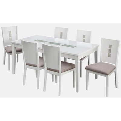 7pc Diamond Rectangular Dining Set White - Lifestorey: Modern Textured Glass, Rubberwood Legs, Gray Linen Chairs