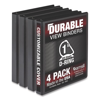 Samsill Durable D-Ring View Binders, 3 Rings, 1" Capacity, 11.5" x 8.5", Black, 4/Pack