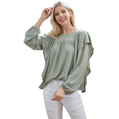 Slickblue Draped Ruffle Long Sleeve Top, Comfortable Rayon-Polyester Blend, Casual & Semi-Formal, Ivory, S