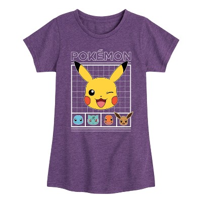 Girls' - Pokémon - Eevee Pikachu Charmander Squirtle Bulbasaur Grid Fitted Short Sleeve Graphic T-Shirt