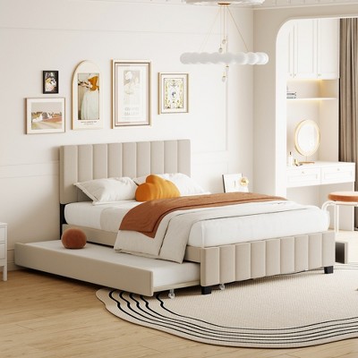 YOOCOZZ Queen Size Velvet Upholstered Platform Bed with 2 Storage Drawers and Twin XL Trundle