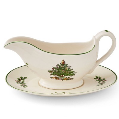 Portmeirion Christmas Tree 9 Oz Gravy Boat & Stand - Festive Porcelain Sauce Boat with Tray for Holiday Gatherings - Microwave, Dishwasher, Oven Safe