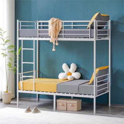 Karl Home White Twin Over Twin Bunk Bed for Kids/Adults with Stairs Flat Rungs