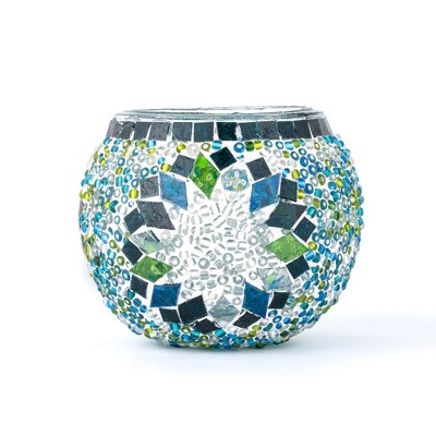 Kafthan 3.4 in. Handmade Turquoise and White Mosaic Glass Votive Candle Holder