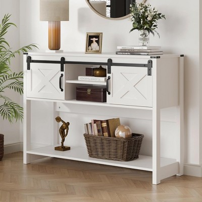 RoyalCraft Farmhouse Entryway Console Table with Storage Shelves, Sliding Barn Door and Spacious Tabletop for Living Room or Foyer, White