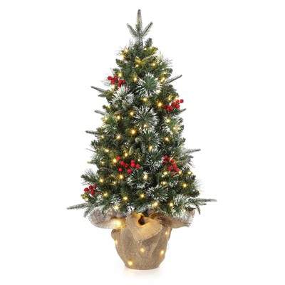 Christmas Trees Artificial Pre-Lit with Red Berries, Snow Flocked Tips, Deer lightbox Box,Includes Pot Base,Easy Installation Festive Table Decor