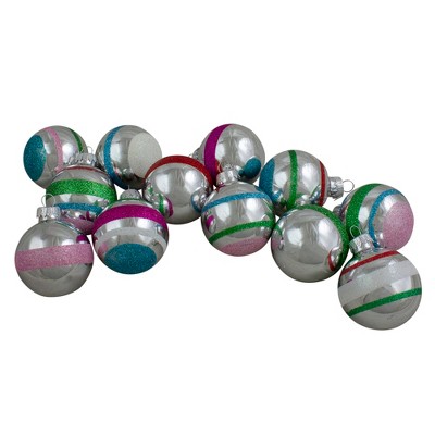 Northlight Glitter Striped Glass Christmas Ball Ornaments - 2.25" (55mm) - Silver and Pink- 12ct