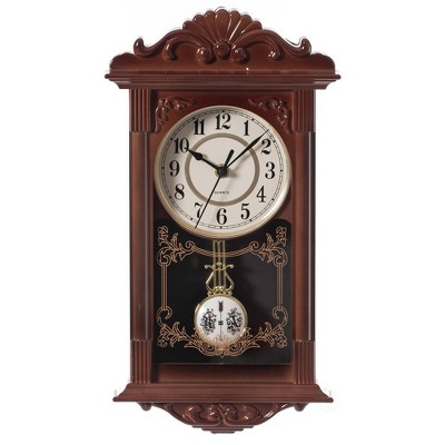 Clockswise Vintage Grandfather Wood-Looking Plastic Pendulum Decorative Battery-Operated Wall Clock