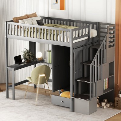 Twin Size Loft Bed with Bookshelf, Drawers and Desk
