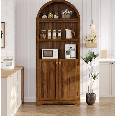 Acekool Tall Wood Arch-Top Storage Cabinet, 5-Shelf Bookcase with Doors, Adjustable Pantry Cupboard for Living Room Kitchen