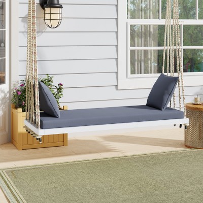 Ridstar 63 in. W Patio Wooden Swing Chair with Cushion & Pillows-White