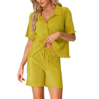 cheibear Women's Pleated Short Sleeve Button Down Outfits Set Casual Loungewear