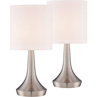 360 Lighting Zofia Modern Accent Table Lamps 13" High Set of 2 Brushed Nickel Silver Tapered Metal Touch On Off White Fabric Drum Shade for Bedroom