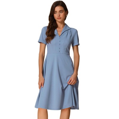 INSPIRE CHIC Women's Vintage Flat Collar V Neck Short Sleeve Belted 1950s Flare Dress