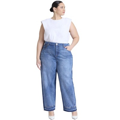 ELOQUII Two Tone High Rise Straight Leg Jean