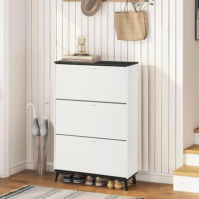 GustoWave Shoe Storage Cabinet, Entryway Shoe Cabinet with 3 Flip Drawers, Freestanding Wooden Shoes Storage Organizer, Narrow Shoe Organizer Cabinet