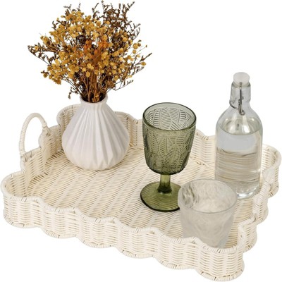 BRINJOY Scalloped Edge Rectangular Tray - 15.75"x11.5"x2.25" White Woven Tray with Handles for Coffee Table Decor