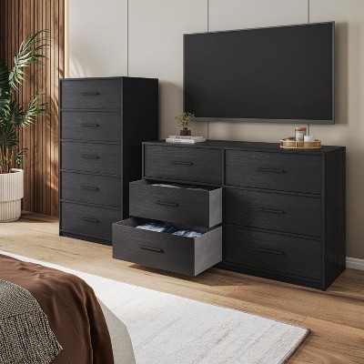 CAVINAS 5/6-Drawer Dresser,Modern Chest of Drawers with Metal Handles,Black Matte Finish Dressers for Living Room,Entryway,Floorstanding