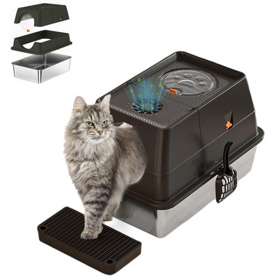 XL Cat Litter Box with Plastic Top & Stainless Steel Base, Covered Litter Box with Flip Lid, Dog Proof Design with Removable Cover & Scooper