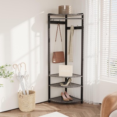 Corner Hall Tree with Shoe Bench, 6 Hooks and Storage Shelf, Corner Coat Rack For Entryway, Living Room