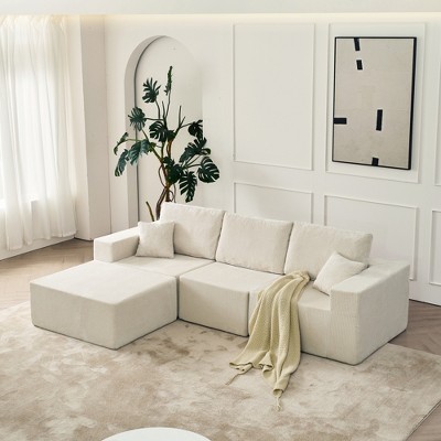 110" Cloud Modular Sectional Sofa, Boneless Corduroy Couch with Ottoman & 2 Pillows, 3-Seater, No Assembly, L-Shaped Sofa for Living Room