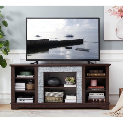 58" Modern TV Media Stand with Faux Stacked Stone Surround, Entertainment Console with Open Storage Shelves, Fireplace Mantel Style Design