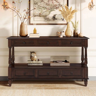 Bella Depot Retro 54'' Solid Wood Console Table with 6 Drawers and Shelf, 2-Tier Wood Couch Foyer Table for Living Room, Hallway